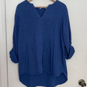 Soft Surroundings Blue Cuffed Sleeve 100% Cotton Tunic V Neck Top Size XL